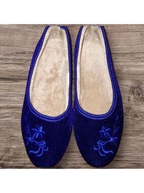 Blue Velvet Embroidered Slippers Large